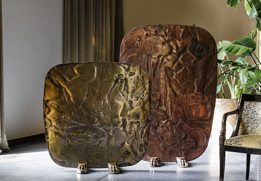 Sculptural screens Skins with cast bronze and cast brass details 